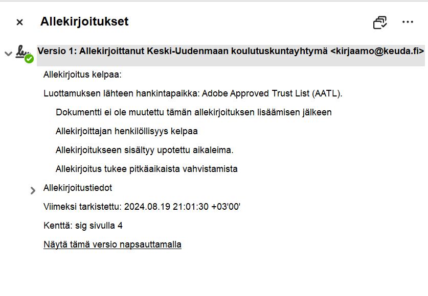 Keudan sähköisen todistuksen varmennetiedot. 